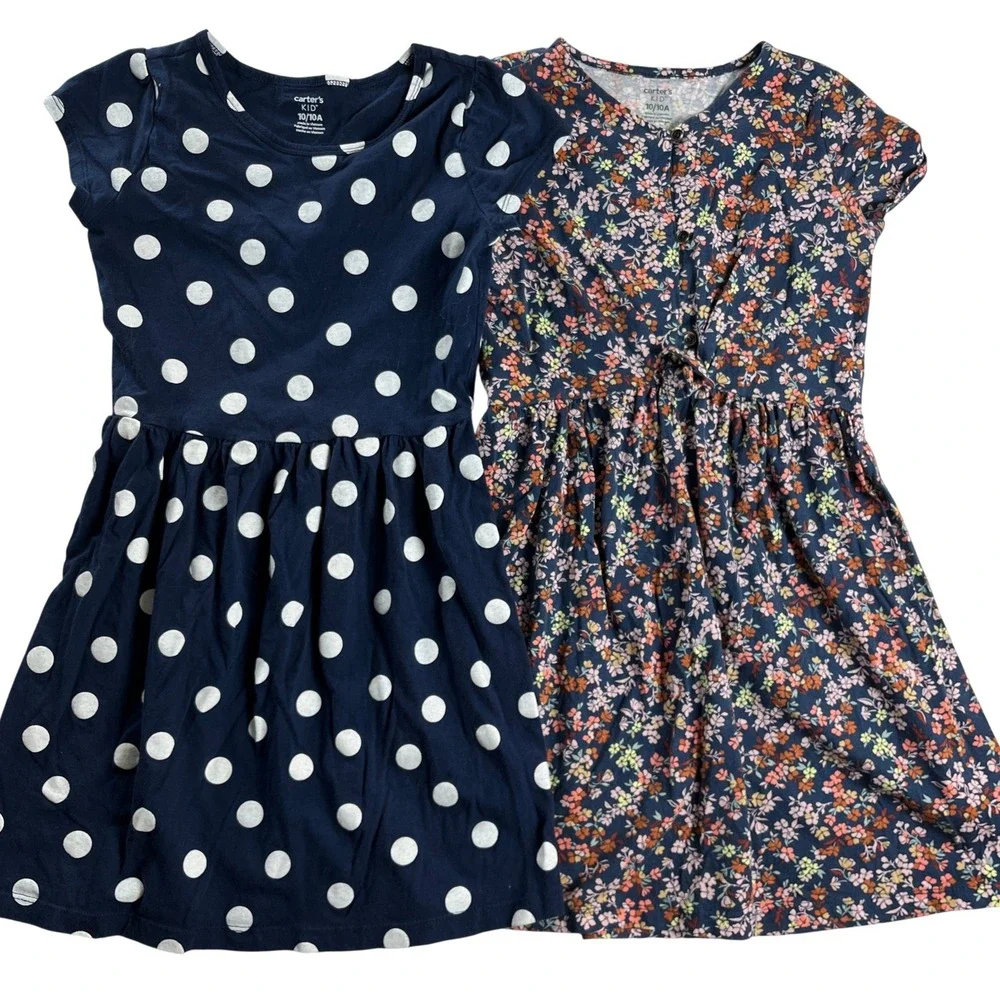 Carter's Girls Dress Bundle Size 10 Navy Polka Dot Floral Cotton Short Sleeve